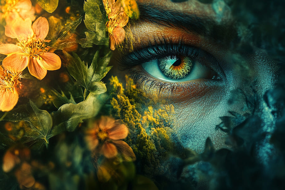 A mesmerizing image depicting the balance of light and dark during the Spring Equinox 2025. A close-up of an eye surrounded by vibrant flowers and foliage symbolizes the harmony and renewal that this celestial event brings. As the Spring Equinox ushers in equal day and night, nature comes alive in vibrant colors, symbolizing growth, balance, and the beginning of a new season.