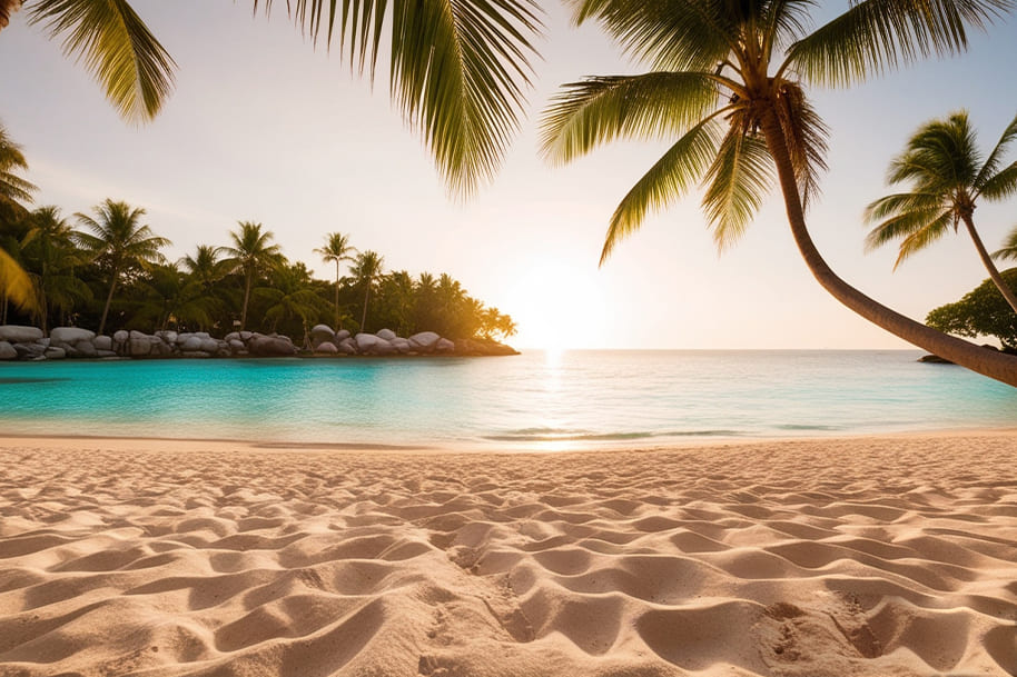 Idyllic tropical beach with palm trees, soft sand, and a golden sunset over calm turquoise waters, perfect for a peaceful beach getaway or romantic escape.