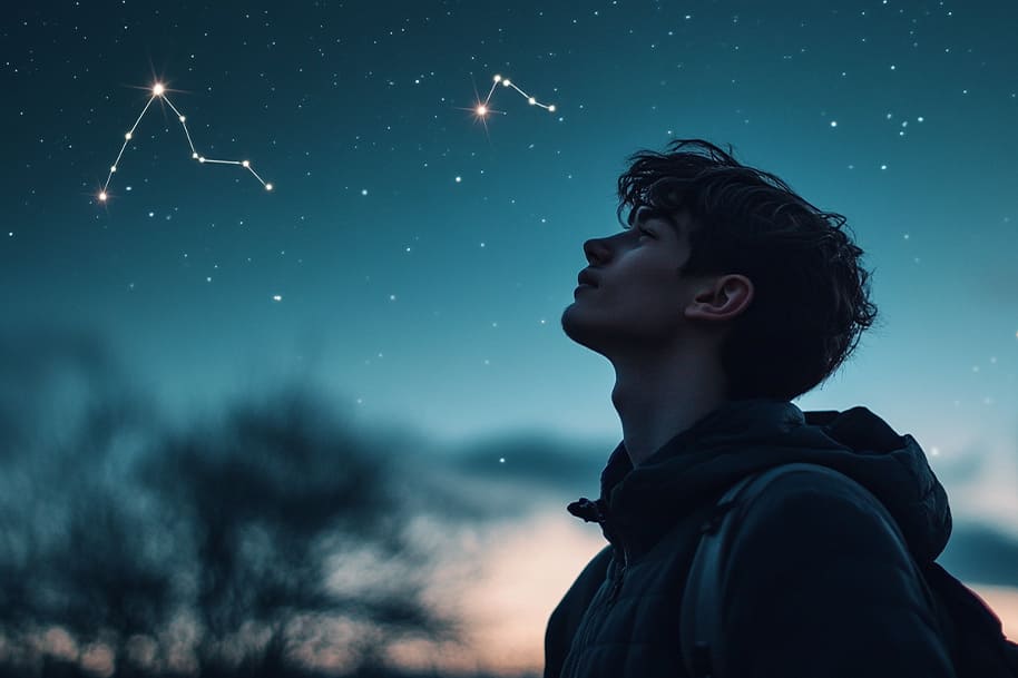 Young man gazing at the stars, contemplating his destiny as constellations illuminate the night sky. Discover how March 2025 horoscope predictions reveal your path to luck, success, and winning opportunities at Eternal Slots Casino.