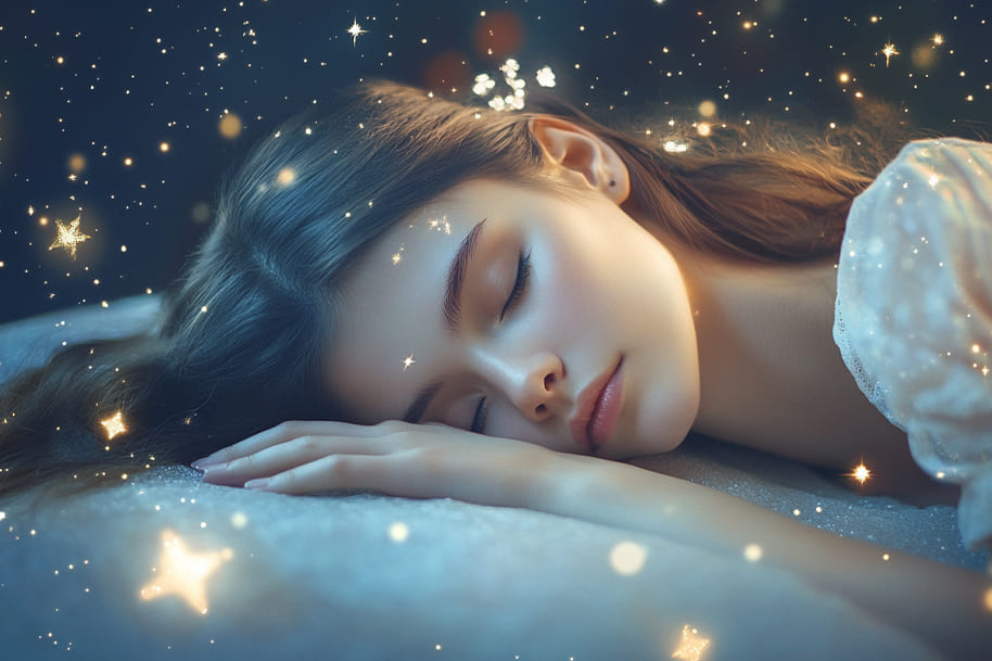 Dreaming under the stars – a young woman sleeps peacefully, surrounded by cosmic energy. Explore how March 2025 horoscope predictions align with luck, destiny, and winning opportunities at Eternal Slots Casino.