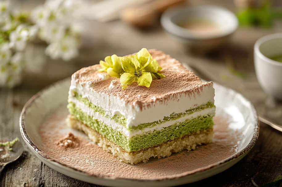 Elegant matcha tiramisu with layers of fluffy mascarpone, soft sponge cake, and vibrant green tea powder, finished with a delicate floral garnish, a perfect blend of Japanese and Italian dessert traditions.