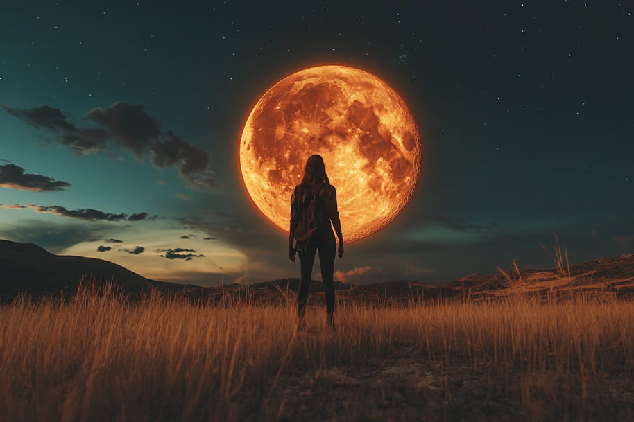 Woman standing in a field gazing at a glowing orange full moon, symbolizing cosmic energy and self-reflection during Mercury retrograde. Discover what to expect in 2025 with our survival guide on the Eternal Slots Casino blog.