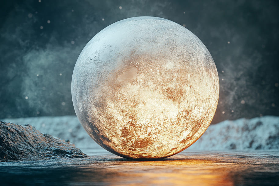 Glowing full moon resting on a surreal landscape, symbolizing cosmic influence and reflection during Mercury retrograde. Learn what to expect in 2025 in our Mercury retrograde survival guide on the Eternal Slots Casino blog.