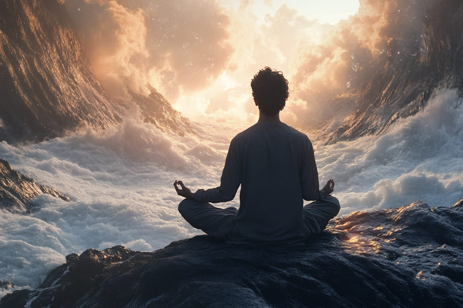 Man meditating on a rock surrounded by turbulent waters and dramatic skies, symbolizing inner peace and balance during Mercury retrograde. Read the 2025 Mercury retrograde survival guide on Eternal Slots Casino blog.