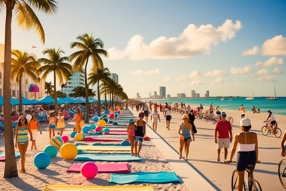 Vibrant Miami Beach scene with colorful umbrellas, palm trees, and crowds of people walking, cycling, and enjoying the sun. A must-visit coastal hotspot for beach lovers and nightlife fans.