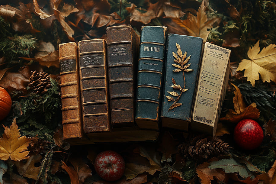 A collection of vintage must-read books arranged on an autumn-themed backdrop with leaves, pinecones, and apples. Aesthetic seasonal book display featured on the EternalSlots casino blog.