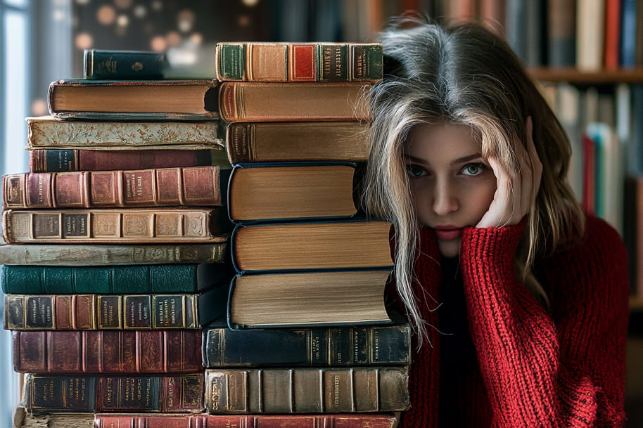 A young woman in a red sweater sits beside towering stacks of must-read books, surrounded by a cozy library setting. Aesthetic book lover's scene featured on the EternalSlots casino blog.