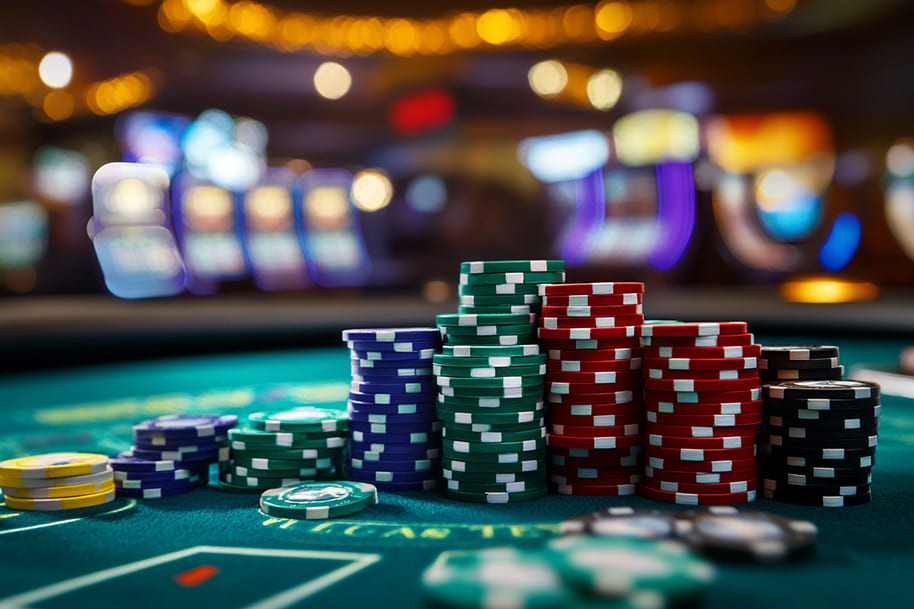 Stacks of colorful poker chips on a casino table, showcasing the vibrant atmosphere of a live gaming session. This image highlights various chip denominations, with blurred casino lights and slot machines in the background, perfect for blog posts about managing a poker bankroll or tips for casino gaming success.