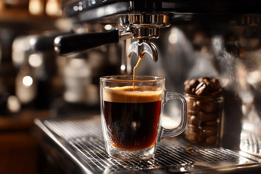 Freshly brewed organic coffee being poured from an espresso machine into a clear glass cup, showcasing the rich flavor and aroma of organic coffee.