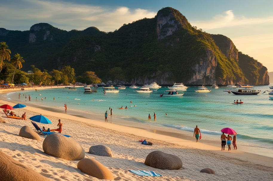 Scenic beach in Phuket, Thailand with white sand, turquoise water, and lush mountains. Tourists enjoying swimming, sunbathing, and boat trips in this popular Southeast Asian paradise.
