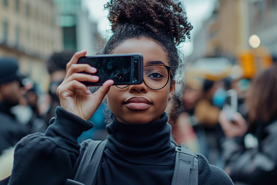 Young woman with curly hair holding a phone at a protest, symbolizing the role of social media platforms in activism and social change.