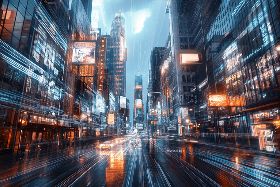 Futuristic cityscape with neon lights and vibrant advertisements showcasing the rapid evolution of digital technology in urban environments.