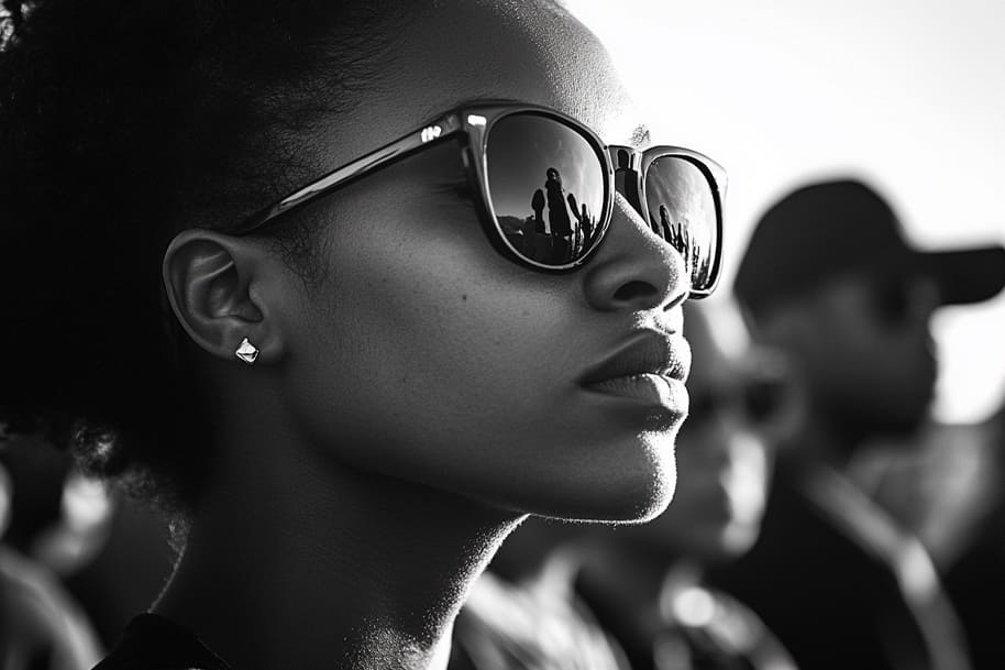 Close-up of a woman wearing sunglasses with reflections of a protest, emphasizing the role of celebrities like Rihanna in activism and social movements.
