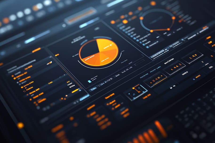 A futuristic interface showcasing advanced security technology, with graphs, pie charts, and analytics in a sleek digital display. This high-tech dashboard highlights the cutting-edge tools used to monitor, secure, and analyze data flow, representing the robust security features essential in safeguarding sensitive information in today's digital landscape.