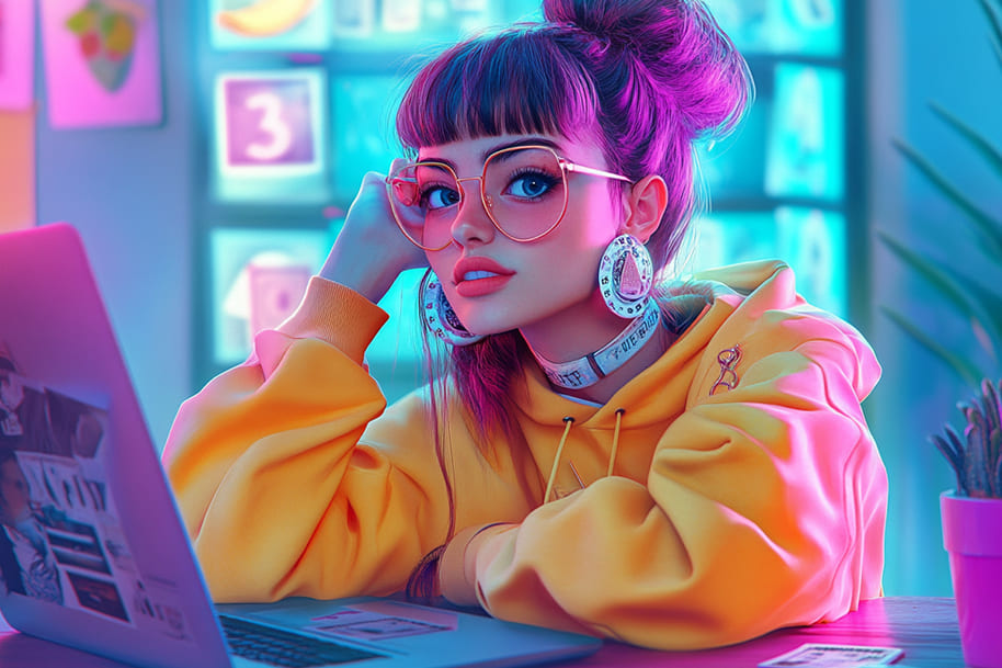 Trendy digital creator working on a laptop in a colorful neon-lit space, representing modern side hustles, freelance gigs, and online entrepreneurship in 2025.