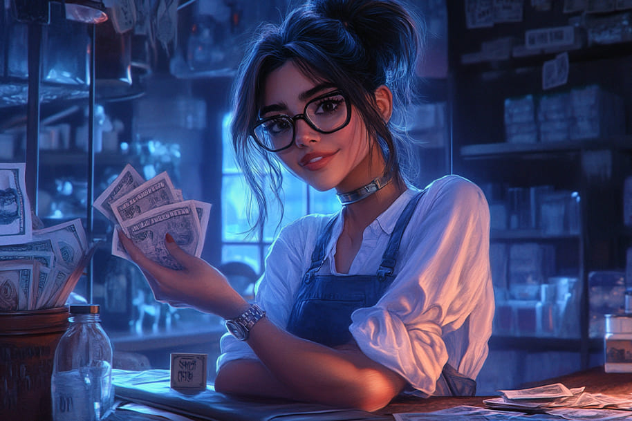 Smiling entrepreneur counting cash behind a cozy counter, representing small business success and popular side hustle trends in 2025.