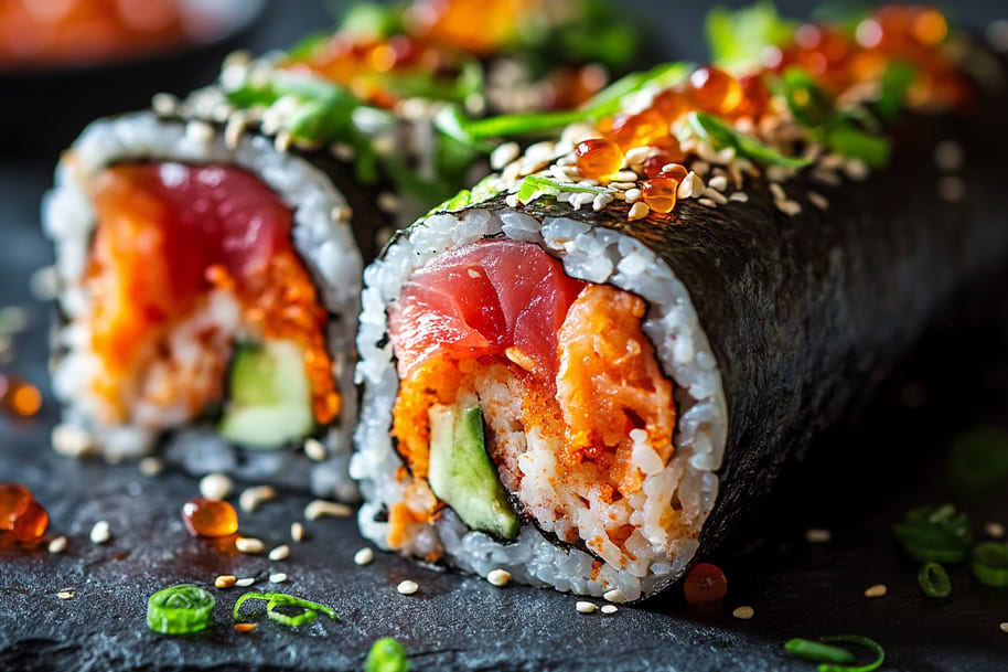Mouthwatering sushi burritos packed with fresh tuna, spicy salmon, crisp cucumber, and creamy avocado, wrapped in seaweed and sprinkled with sesame seeds and ikura for a bold fusion of Japanese and Mexican flavors.