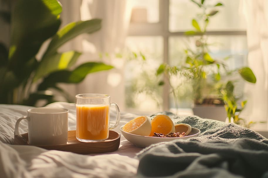 A peaceful morning setup with fresh orange juice, coffee, and fruit served on a bed, surrounded by soft blankets and sunlight streaming through green indoor plants.