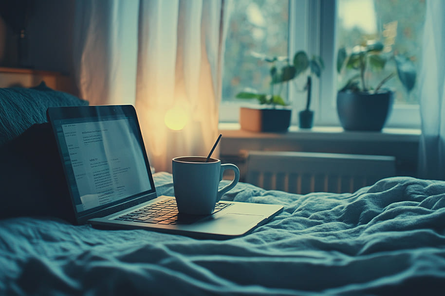 A calming early morning work-from-home scene with a laptop and hot coffee on a cozy bed, framed by soft light and lush indoor plants, ideal for productive remote mornings.