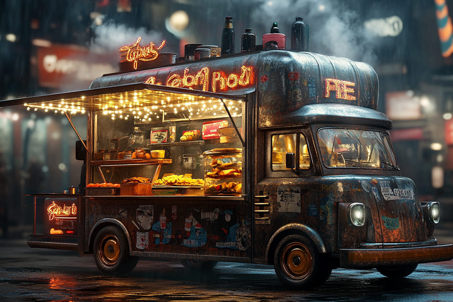 A retro-style food truck with neon lights serving gourmet street snacks on a rainy evening, highlighting the fusion of nostalgia and modern street food trends.