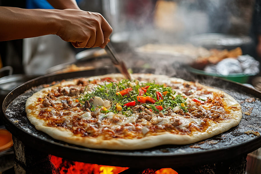 Freshly made gourmet street food pizza being prepared on a sizzling hot griddle, topped with fresh herbs, chili, and cheese, capturing the essence of modern food truck cuisine.