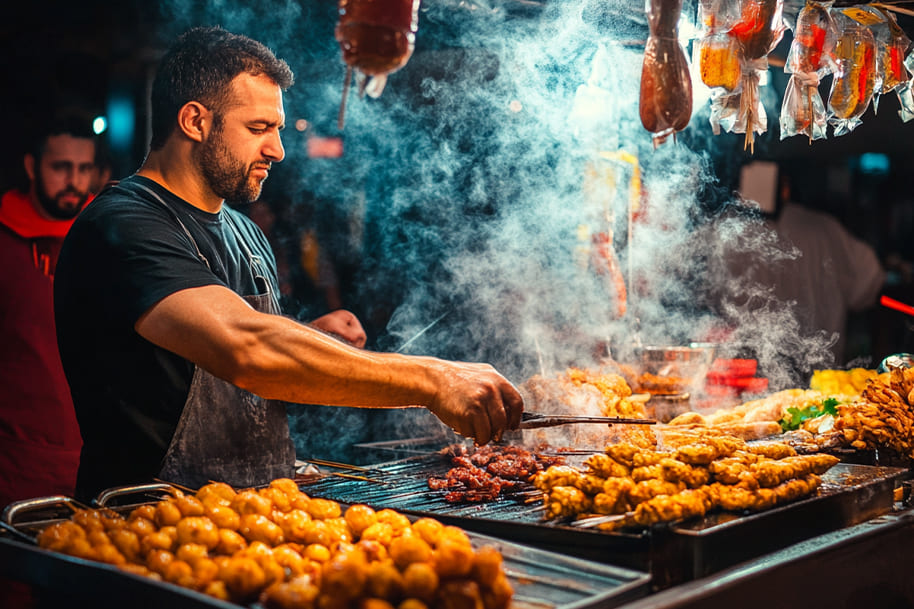 A street food vendor grilling skewers and preparing sizzling barbecue under vibrant market lights, showcasing the authentic flavors of street cuisine.