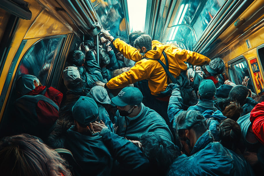 Overcrowded subway scene with a man in a yellow jacket pushed above the crowd, symbolizing chaos and intensity. Explore the most controversial viral moments of 2025 on the Eternal Slots blog.