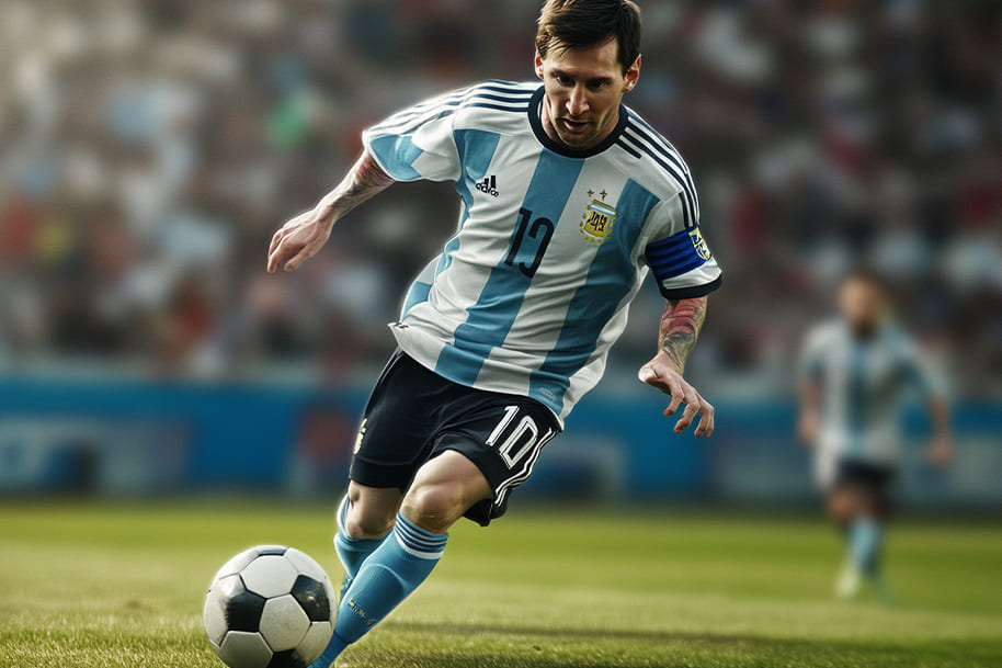Lionel Messi dribbles the ball for Argentina during an international match, displaying his leadership and skill as the country's captain in top-level soccer.