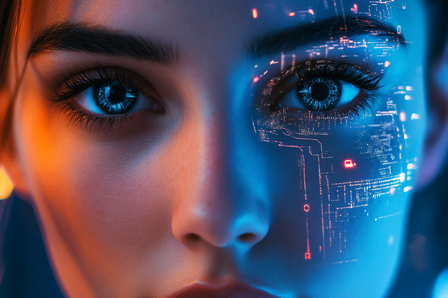 A woman's face with glowing digital circuits integrated into her skin, representing the fusion of AI and human creativity in the entertainment world.