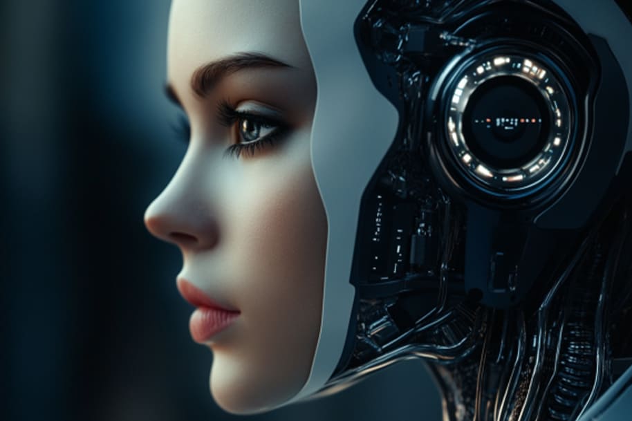 Close-up portrait of a futuristic AI humanoid with a sleek cybernetic design, symbolizing the rise of artificial intelligence in the entertainment industry.