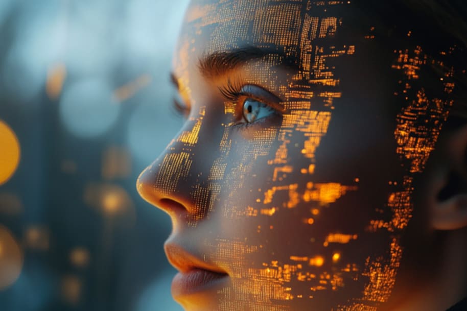 A side-profile of a woman with golden AI-generated facial patterns, reflecting the impact of artificial intelligence on digital identities and virtual influencers.