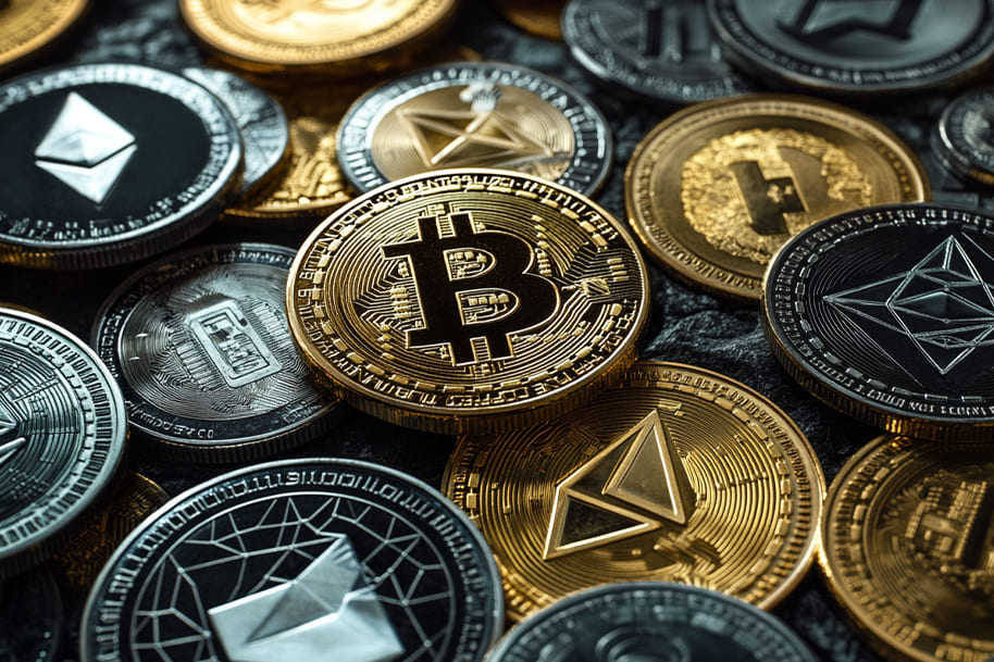 Various cryptocurrency coins, including Bitcoin and Ethereum, representing digital payment options in crypto casinos for 2025.