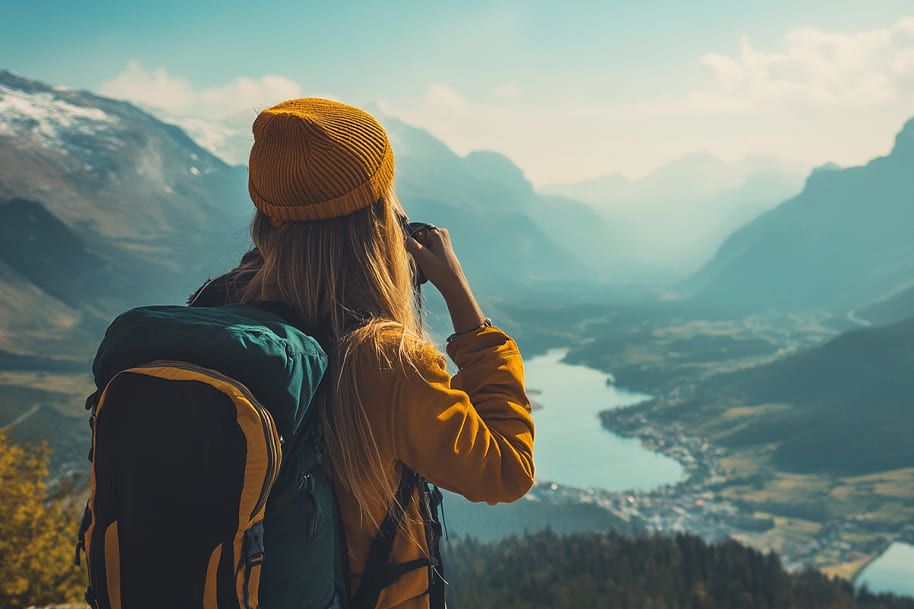 A traveler with a beanie photographs a panoramic mountain landscape, showcasing the serenity of nature.