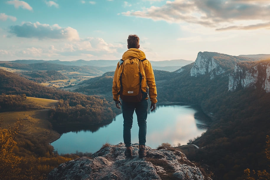 A solo hiker stands atop a rocky peak, overlooking a peaceful lake surrounded by lush greenery.