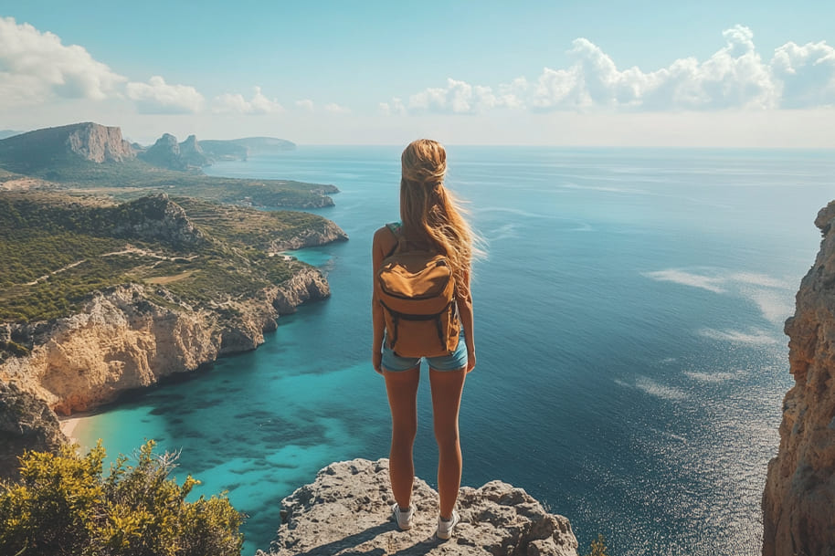 A woman with a backpack admires a stunning cliffside view of the ocean, symbolizing freedom and adventure.