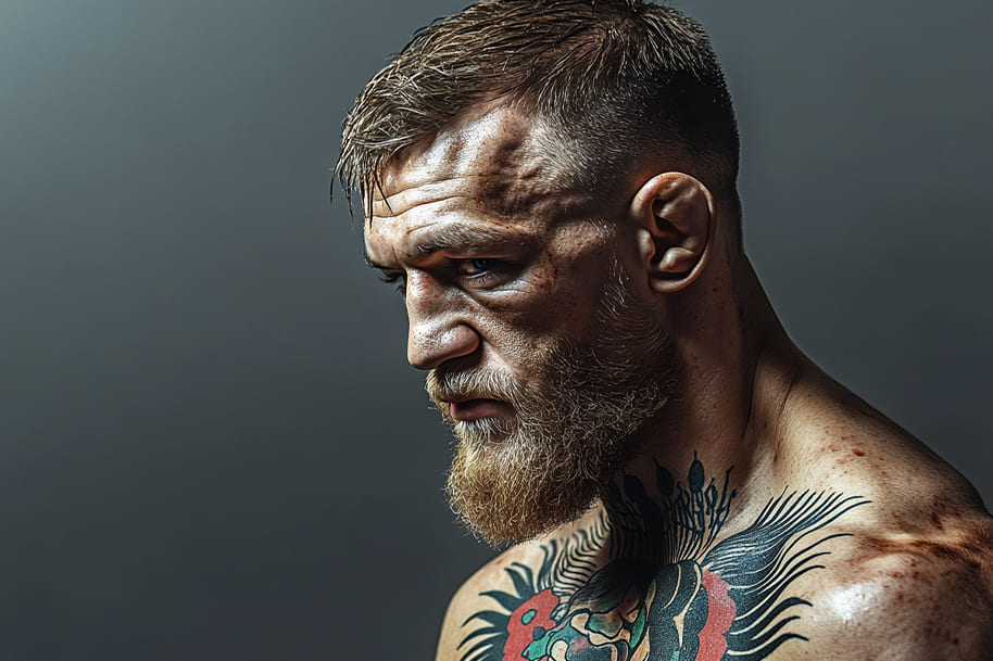 Conor McGregor, in a determined and focused pose, exuding power and intensity after his battles in the UFC. His intense gaze and battle scars showcase the resilience of a fighter who has faced adversity. Will Conor McGregor reclaim his former glory in the UFC? This image captures the essence of his journey and his relentless pursuit to rise once again as a champion in the world of mixed martial arts.