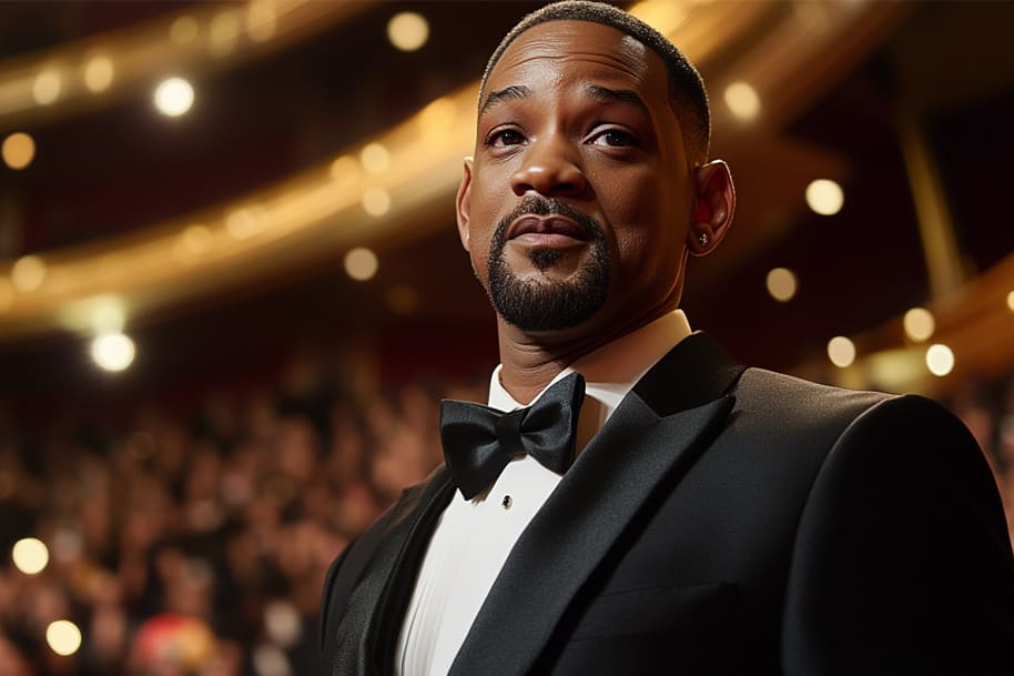Will Smith at an award show, looking sharp in a tuxedo, a moment that reminds fans of the chaotic celebrity moments he's been part of. Known for his acting success and unpredictable moments in the spotlight, Will's public persona includes everything from iconic film roles to controversies, including the infamous Oscars slap, which further fueled his reputation for chaotic celebrity moments.
