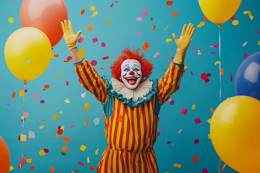 Excited clown with colorful wig, face paint, and balloons, celebrating the playful spirit of April Fools’ Day. Discover 10 fun facts about April Fools’ Day on the Eternal Slots Casino blog.