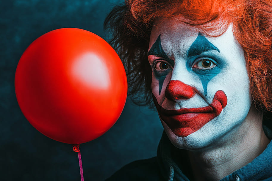 Close-up of a clown with red wig and white face paint holding a red balloon, adding a playful yet mysterious vibe to April Fools’ Day. Discover 10 interesting facts about April Fools’ Day on the Eternal Slots Casino blog.