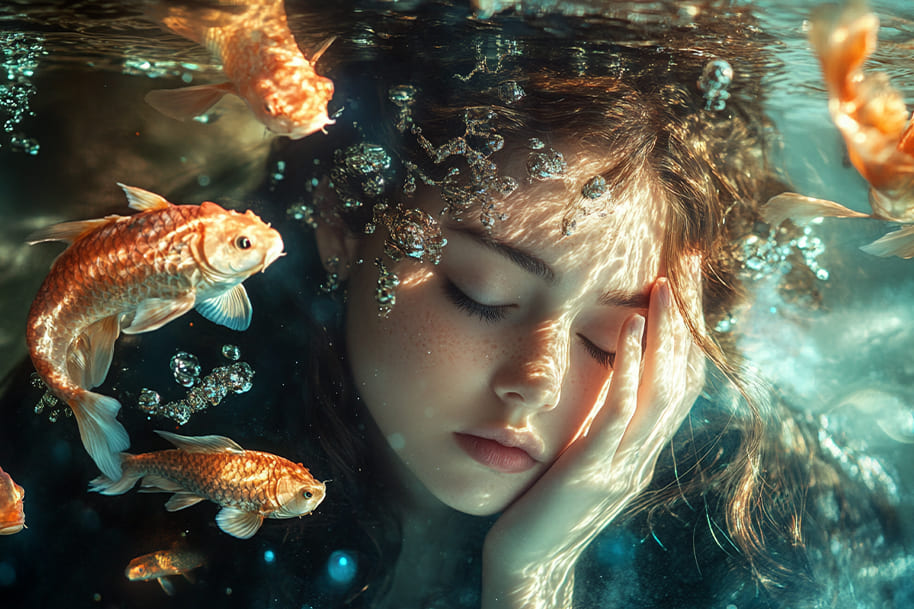 Underwater girl surrounded by golden fish, resting peacefully with dreamy lighting – representing Aquarius zodiac sign in Eternal Slots casino astrology-inspired slot content.