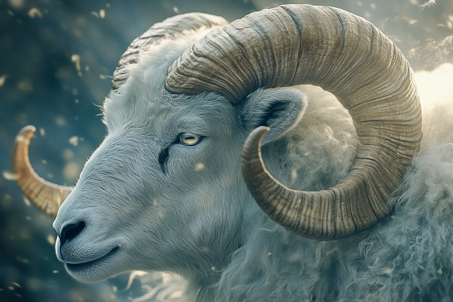 Majestic white ram with curled horns representing Aries zodiac sign – explore your luck this month at Eternal Slots online casino.