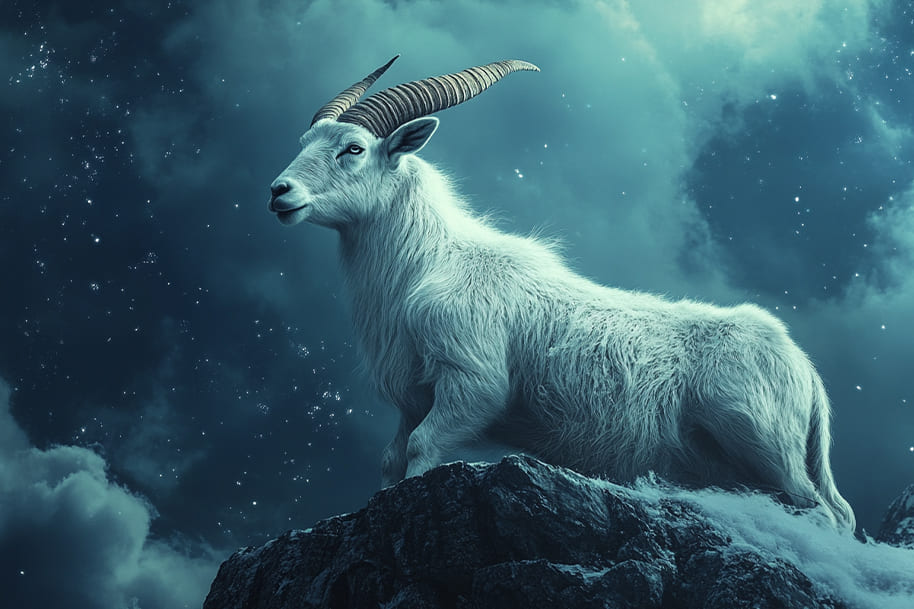 Majestic mountain goat with spiral horns standing on a snowy peak under a starry sky – representing the Capricorn zodiac sign in Eternal Slots’ cosmic slot journey.