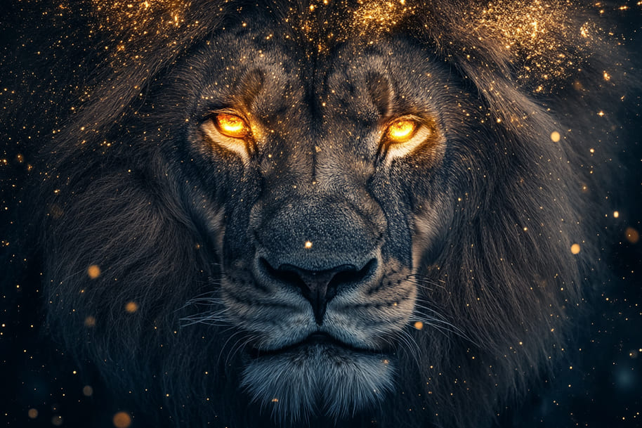 Powerful lion with glowing golden eyes representing Leo zodiac – unleash your roar and spin for gold at Eternal Slots.
