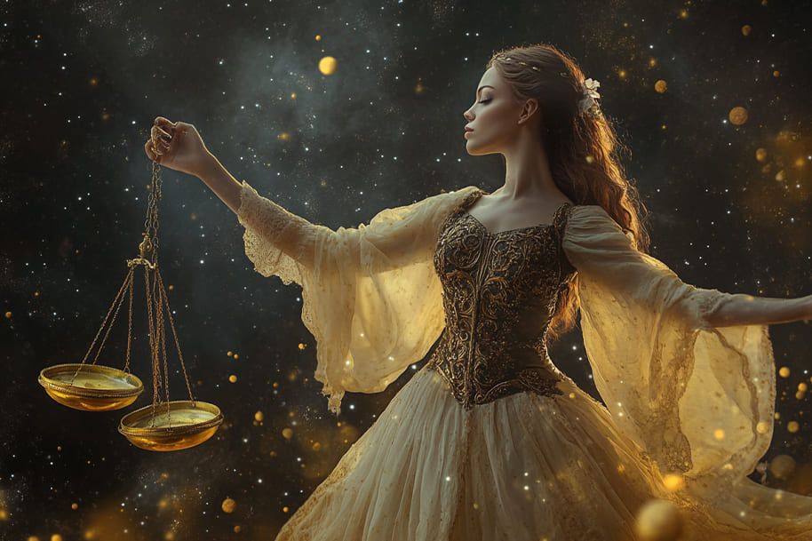 Elegant woman holding golden scales embodying Libra zodiac – balance your luck and strategy at Eternal Slots.