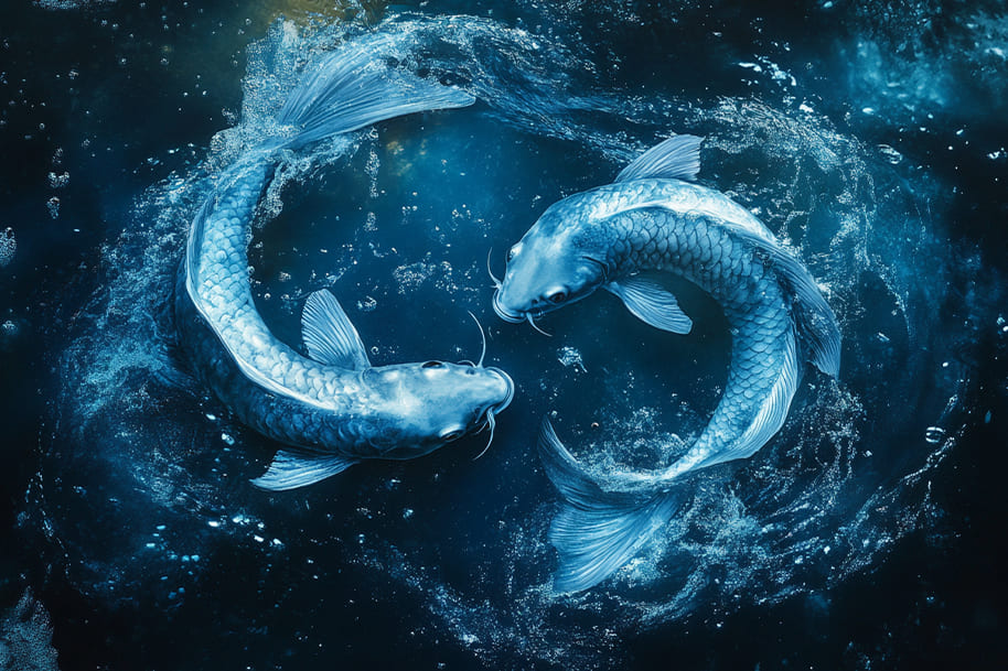 Two glowing koi fish swimming in a circular motion in a mystical blue galaxy-like ocean – symbolizing Pisces zodiac sign for Eternal Slots astrological casino guide.