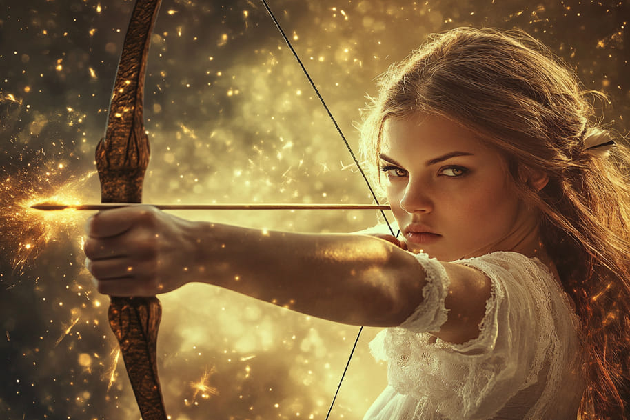 Fiery Sagittarius archer taking aim with a glowing arrow – follow your fortune path at Eternal Slots online casino.