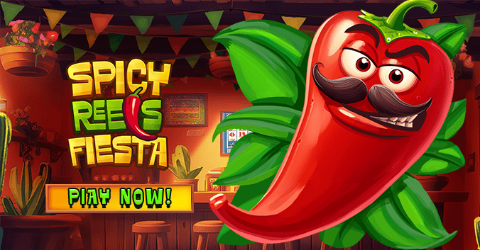 Spicy Reels Fiesta slot game banner featuring a cartoon chili pepper with a mustache in a festive Mexican cantina, inviting players to play now at Eternal Slots online casino.