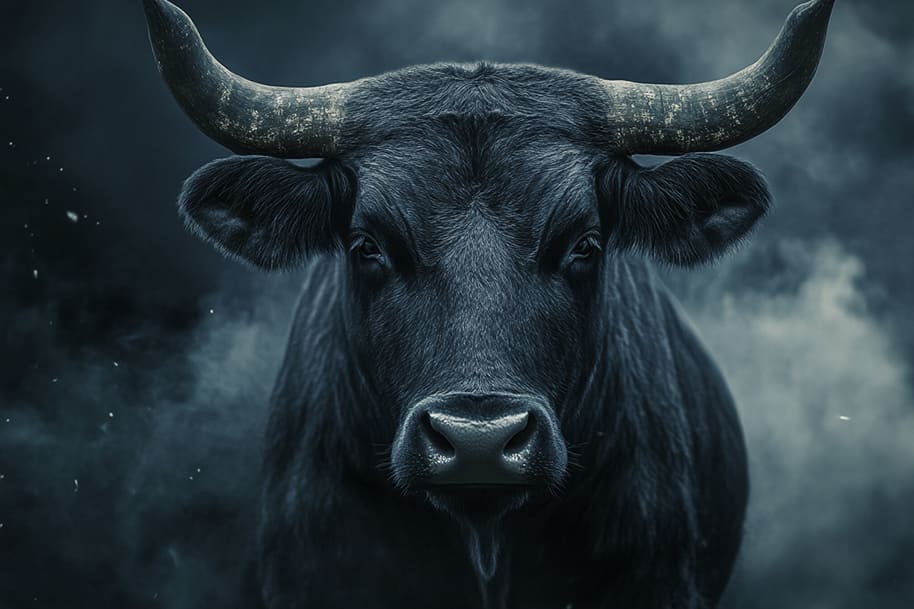 Strong black bull symbolizing Taurus zodiac sign – discover grounded strategies for winning at Eternal Slots casino.