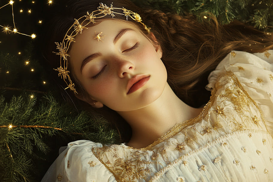 Dreamy Virgo goddess asleep in a forest, wearing a celestial gold crown and star-embroidered dress – representing the Virgo zodiac sign in a fantasy-themed online casino horoscope series.