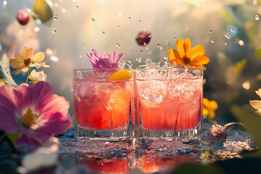 Pink spring cocktail with lemon slice and ice in a crystal glass, surrounded by cherry blossoms — ideal for slot players enjoying seasonal drinks on EternalSlots.com.